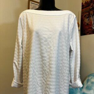 T by Talbots White Textured Lightweight Knit Top Blue Striped Side Detail XL